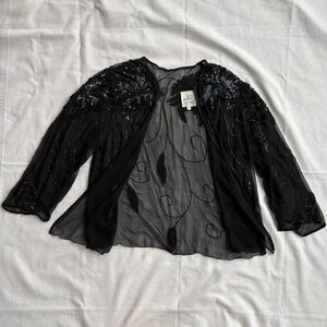 Vintage Lori Ann Montreal Sheer Mesh Black Beaded Open Bolero Cardigan